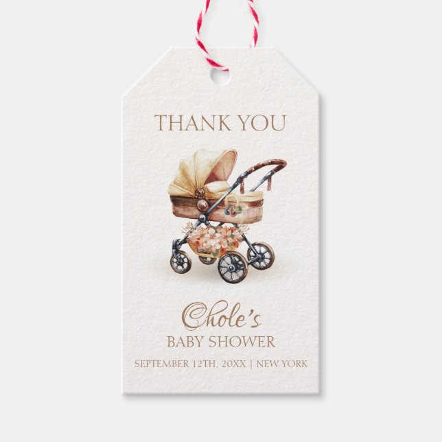 Neutrale Babydusche von Boho Floral Stroller Geschenkanhänger (Vorderseite)