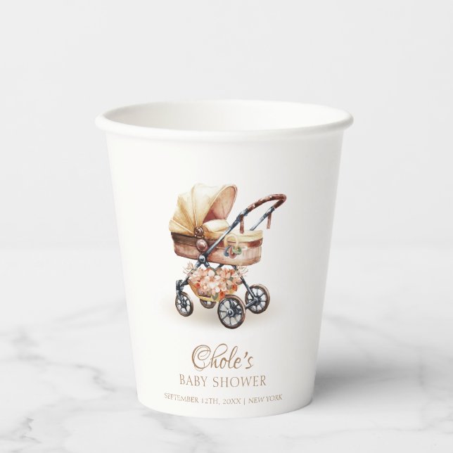 Neutrale Babydusche von Boho Floral Stroller Pappbecher (Vorderseite)