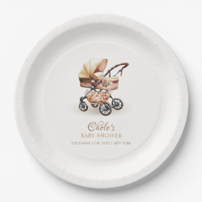 Neutrale Babydusche von Boho Floral Stroller Pappteller (Vorderseite)
