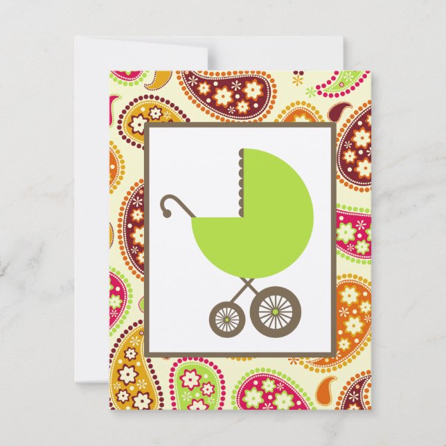 Neutrale Babyparty - grüner Wagen u. Paisley Einladung (Vorderseite)