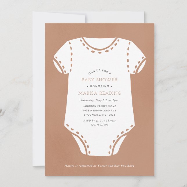 Neutrale Beige Bodysuit Minimalistisch Babydusche Einladung (Vorderseite)