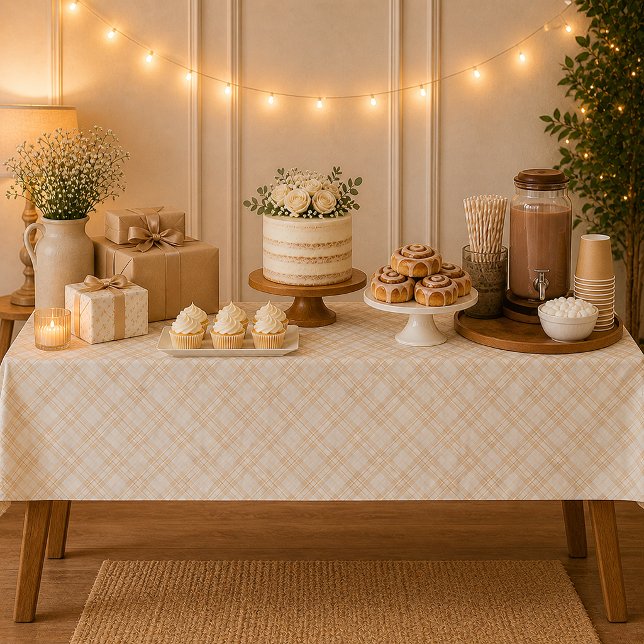 Neutrale Beige Gingham Babyshower-Tischdecke Tischdecke (Neutral Tablecloth )