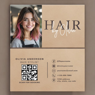 Neutrale Beige-Wildleder-Friseur-Foto-QR-Code  Visitenkarte