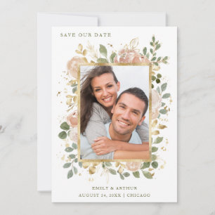 Neutrale Blume auf Weiß   Gold-Foto-Rahmen Save The Date
