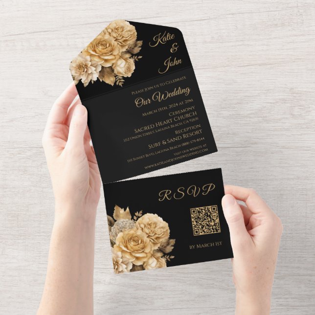 Neutrale Blume Bouquet-Wedding QR-Code- All In One Einladung (Abreißen)