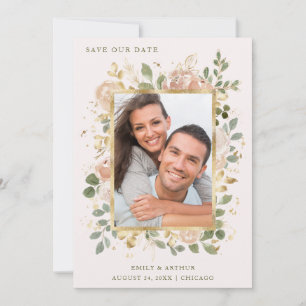 Neutrale Blume in Rosa   Gold-Foto-Rahmen Save The Date