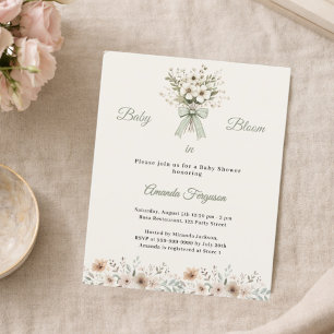 Neutrale Blumen grüne Blüten Baby Shower Einladung