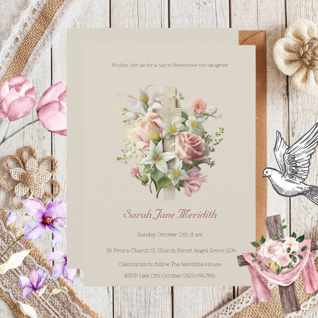 Neutrale Blumenkreuzung Einladung (Neutral Floral Cross Baptism Invitation )