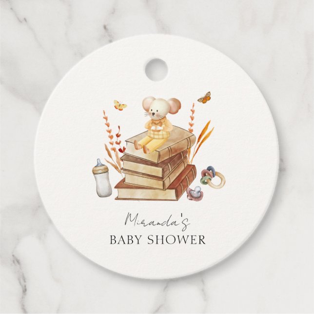 Neutrale Boho Book Mouse Babydusche Geschenkanhänger (Vorderseite)