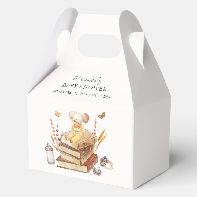 Neutrale Boho Book Mouse Babydusche Geschenkschachtel (Vorderseite)