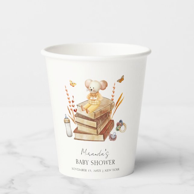 Neutrale Boho Book Mouse Babydusche Pappbecher (Vorderseite)