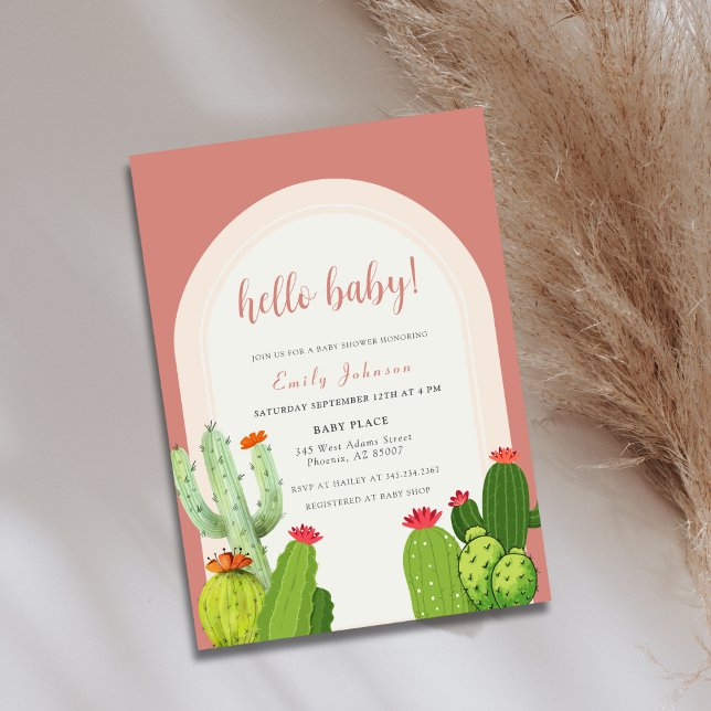 Neutrale Boho Cactus Arch Hello Baby Shower Einladung (Gender Neutral Boho Cactus Arch Hello Baby Shower Invitation)