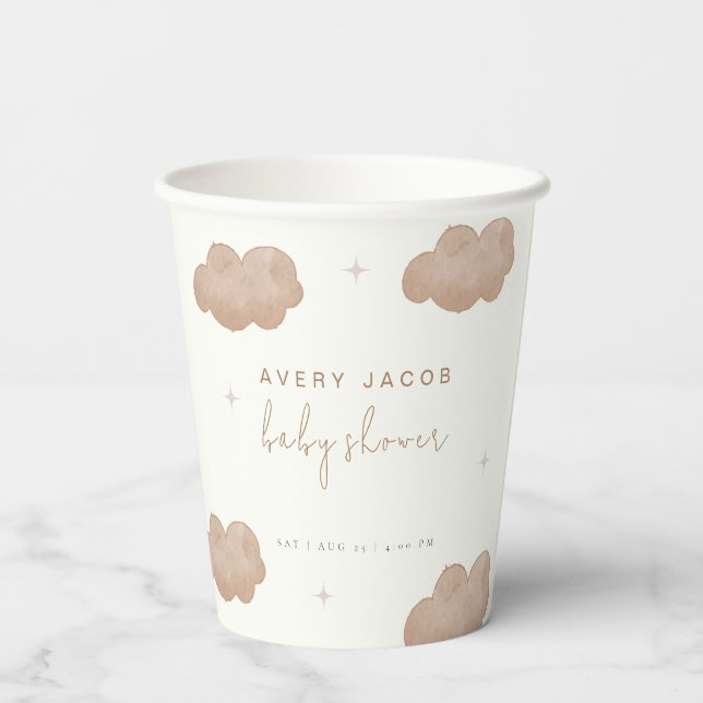 Neutrale Boho Clouds Stars Babydusche Pappbecher (Rückseite)