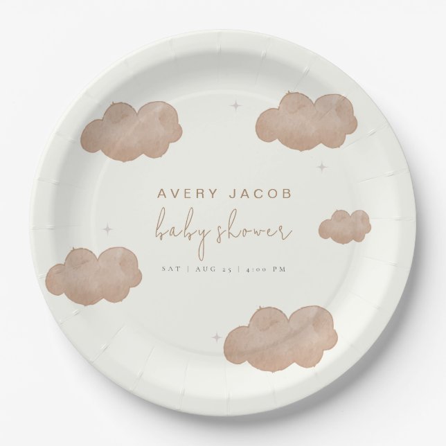 Neutrale Boho Clouds Stars Babydusche Pappteller (Vorderseite)