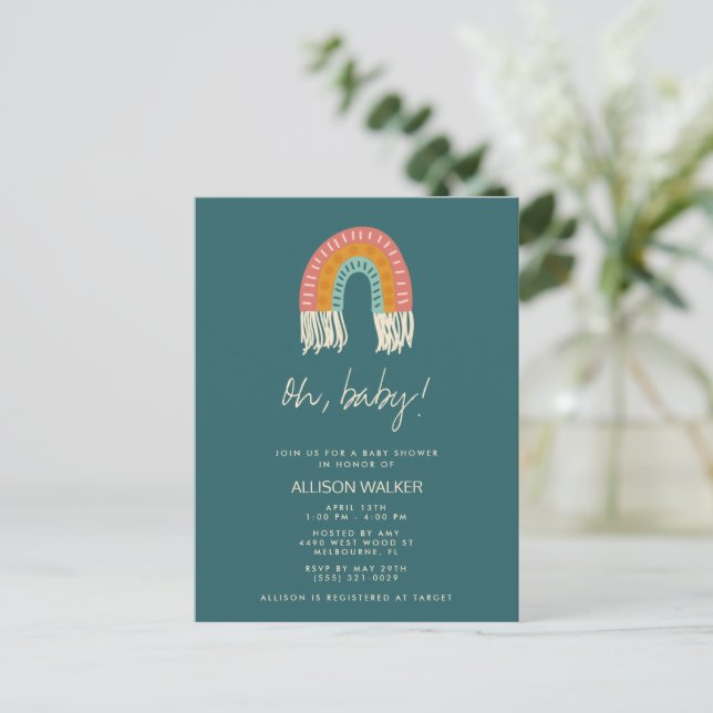 Neutrale Boho Rainbow Baby Einladung Postkarte (Stehend Vorderseite)
