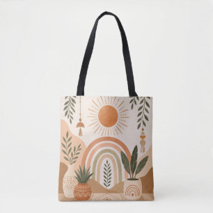 Neutrale Boho-Sonne und Pflanzen-Tasche Tasche