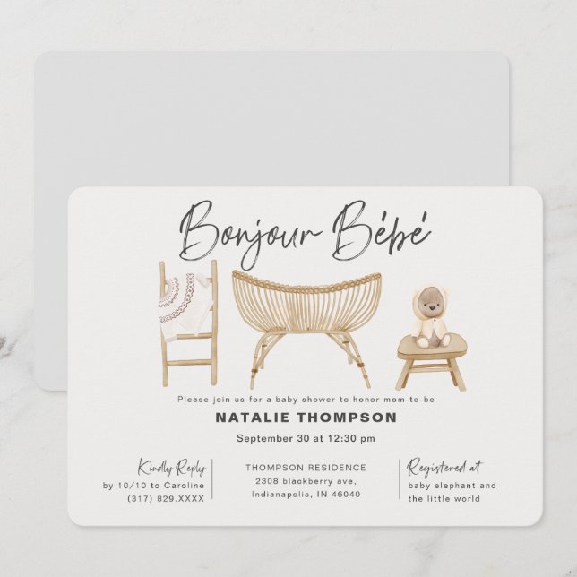 Neutrale Bonjour Bebe Baby Dusche Einladung (Vorne/Hinten)