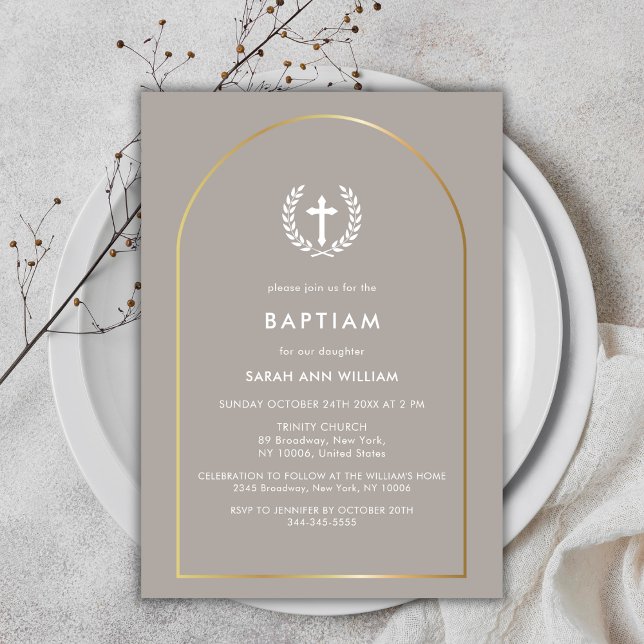 Neutrale Elegant-Goldrausch Einladung (Neutral Elegant Gold Arch Wreath Cross Baptism Invitation)