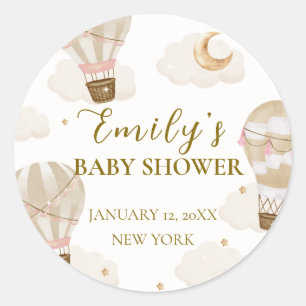Neutrale Elegante Boho Heißluftballon Baby Shower Runder Aufkleber