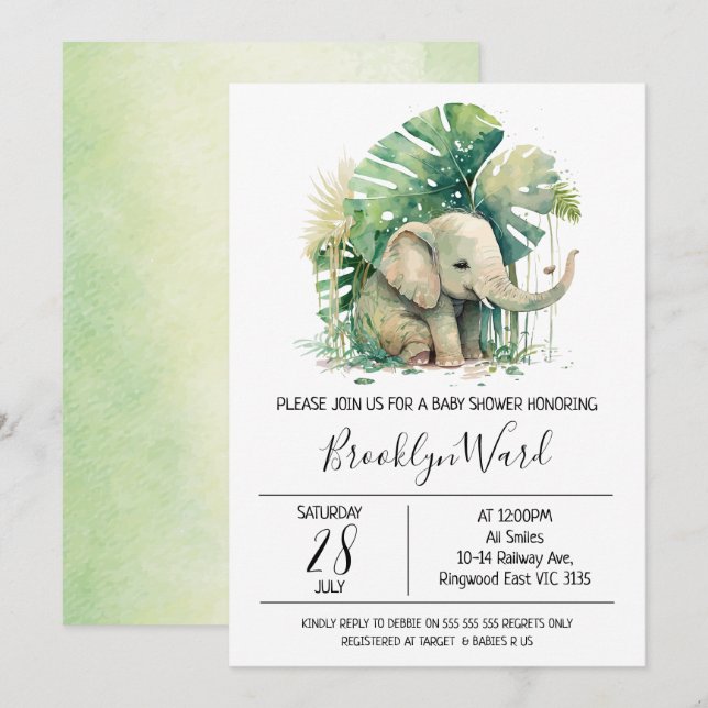 Neutrale Elephant Watercolor Babydusche Einladung (Vorne/Hinten)