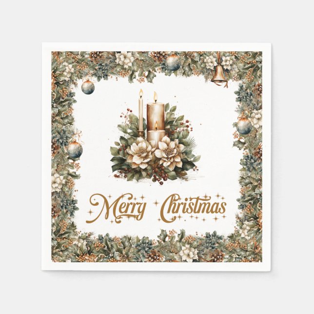 Neutrale Erdtöne grüne Weihnachtsgoldkerze Serviette (Vorderseite)