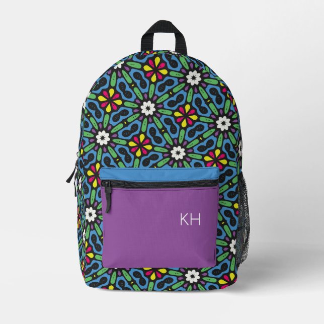 Neutrale, farbenfrohe Mandala Monogramm-Initialen Bedruckter Rucksack (Vorderseite)