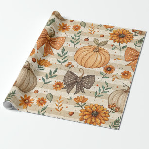 Neutrale Farmhouse-Kürbisse und orange Bögen Geschenkpapier