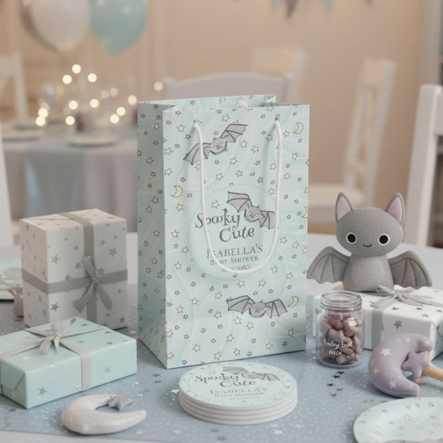 Neutrale Fledermäuse - Niedliche Babydusche Kleine Geschenktüte (Mint Spooky Cute Bats Girl Baby Shower Gift Bags. Bats, Stars, Moons Mint Watercolor Pattern for Her)