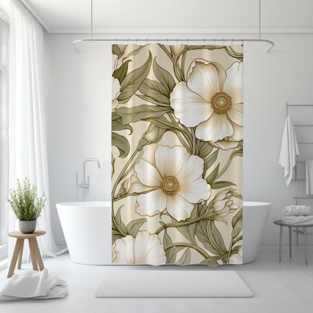 Neutrale Flora und Blätter Duschvorhang (William Morris Pimpernel inspired Shower Curtain in neutral beige, white and green leaves)