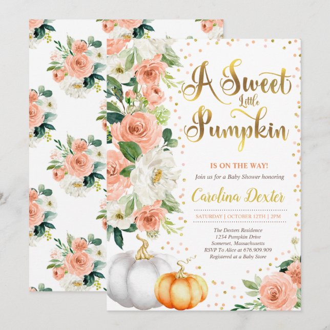 Neutrale Floral Pumpkin Fall Baby Dusche Einladung (Vorne/Hinten)
