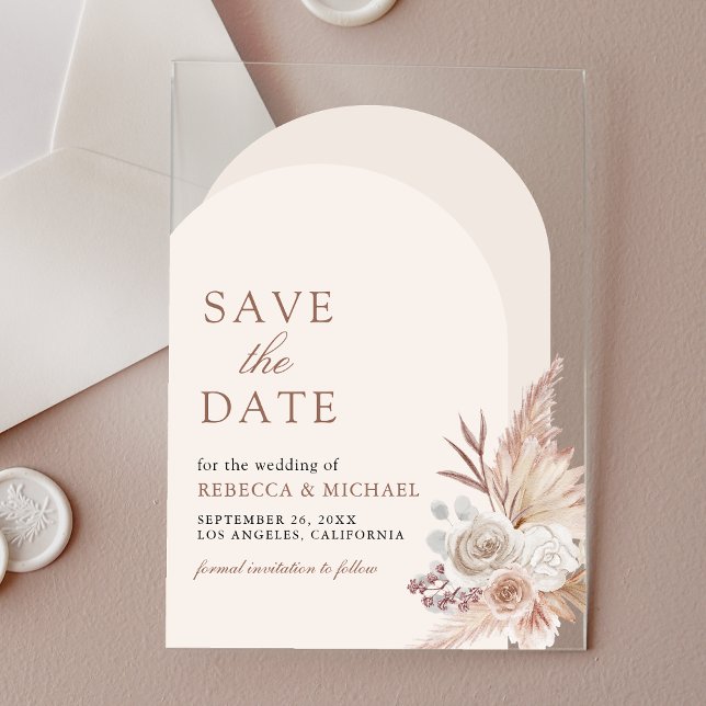 Neutrale florale Pampas Arch Wedding Save the Date Acryleinladungen (Von Creator hochgeladen)