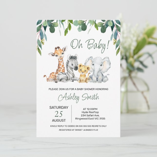 Neutrale Foliage Safari Baby Shower Einladung (Stehend Vorderseite)