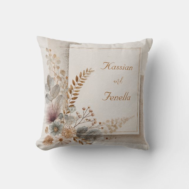 Neutrale Folk Art Wildblume Hochzeit Kissen (Vorderseite)