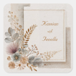 Neutrale Folk Art Wildblume Hochzeit Quadratischer Aufkleber