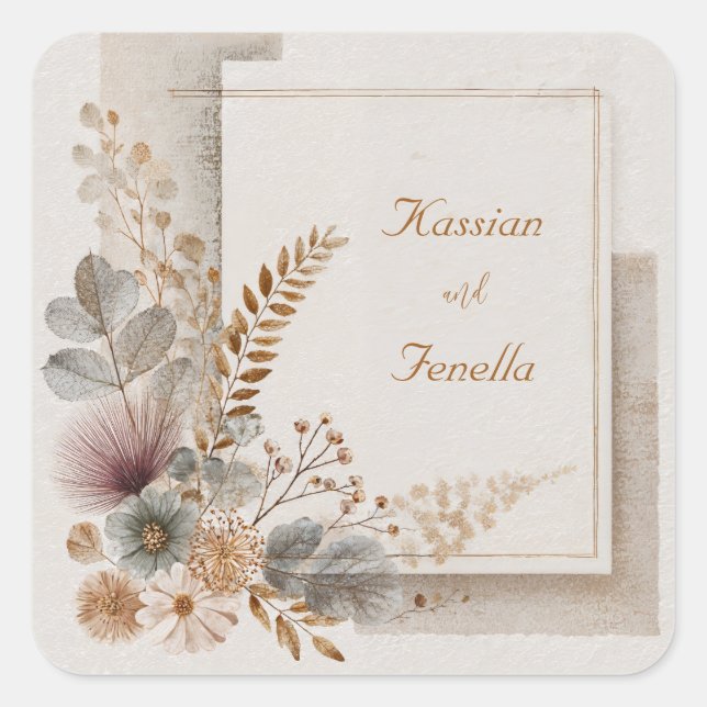 Neutrale Folk Art Wildblume Hochzeit Quadratischer Aufkleber (Vorderseite)