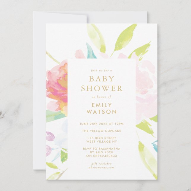 Neutrale Frühlingswasserfarbe Babydusche Einladung (Vorderseite)