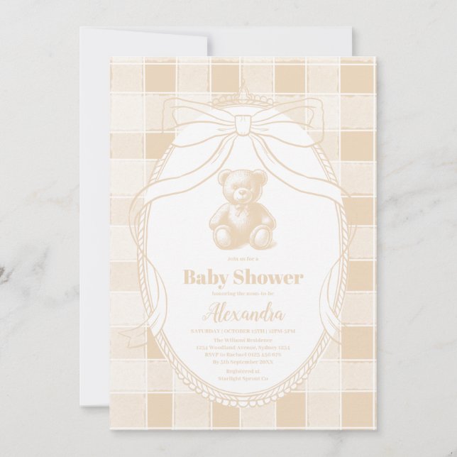 Neutrale Gingham Teddy Bear Baby Shower Einladung (Vorderseite)