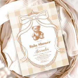 Neutrale Gingham Teddy Bear Baby Shower Einladung
