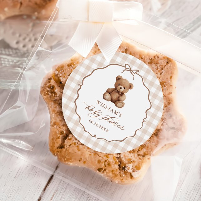 Neutrale Gingham Teddy Bear Baby Shower Runder Aufkleber (Von Creator hochgeladen)