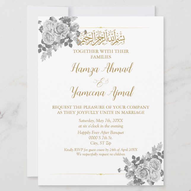 Neutrale graue und goldene islamische Hochzeit Einladung (Vorderseite)