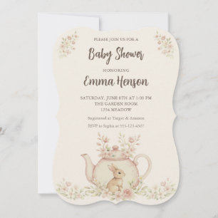 Neutrale Hasen- & Blumen-Teekanne-Baby-Party Einladung