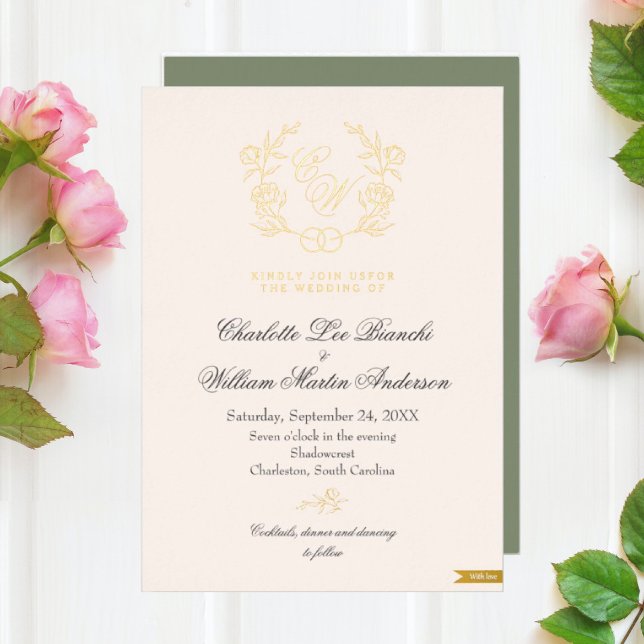 Neutrale Hochzeit Grün und Beige Folieneinladung (Von Creator hochgeladen)