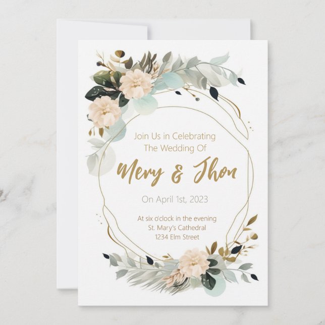Neutrale Hochzeitskarte Golden Floral Elegant Einladung (Vorderseite)