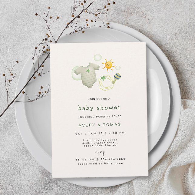 Neutrale Kleidung für männliche Kinder mit Kinders Einladung (Gender Neutral Sage Green Baby Clothes Toys Shower Invitation)