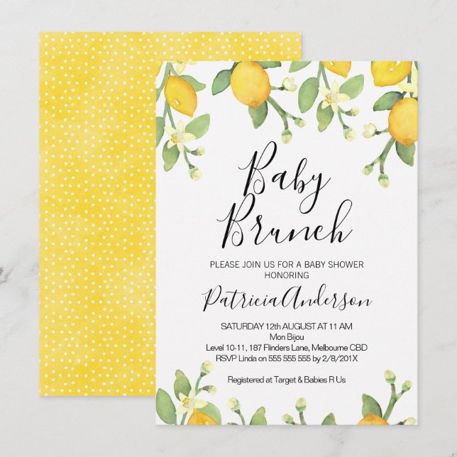 Neutrale Lemon Brunch Baby Dusche Einladung Geschl (Vorne/Hinten)