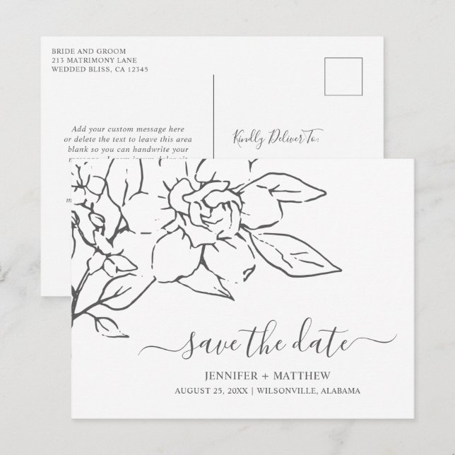 Neutrale Linie Art Floral Hochzeit speichern das D Ankündigungspostkarte (Vorne/Hinten)