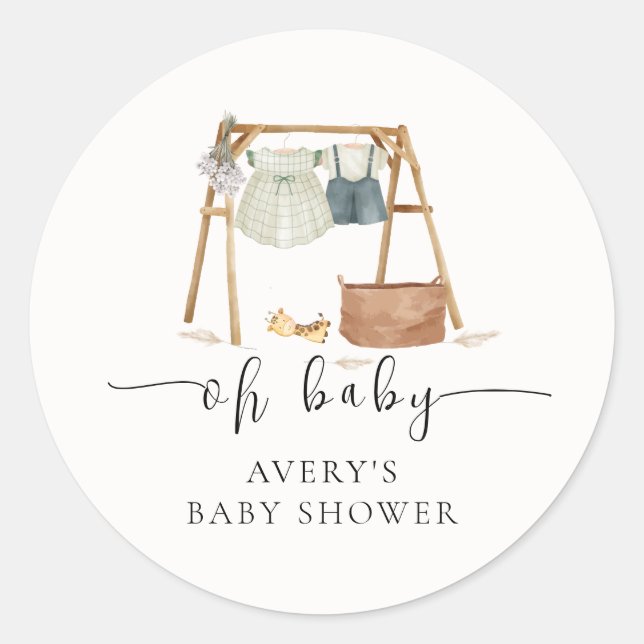 Neutrale Minimalistische Babyduschkleidung Runder Aufkleber (Vorderseite)