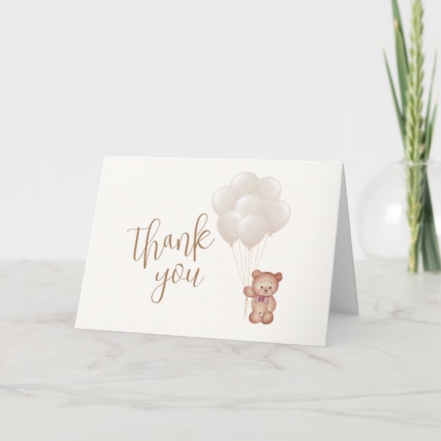 Neutrale Minimalistische Boho Bärenballon Babydusc Dankeskarte (Vorderseite)
