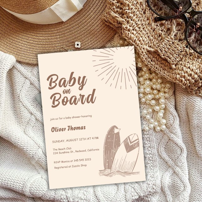 Neutrale Minimalistische Boho Surfboard Babydusche Einladung (Neutral Minimalist Boho Surfboard Baby Shower Invitation)