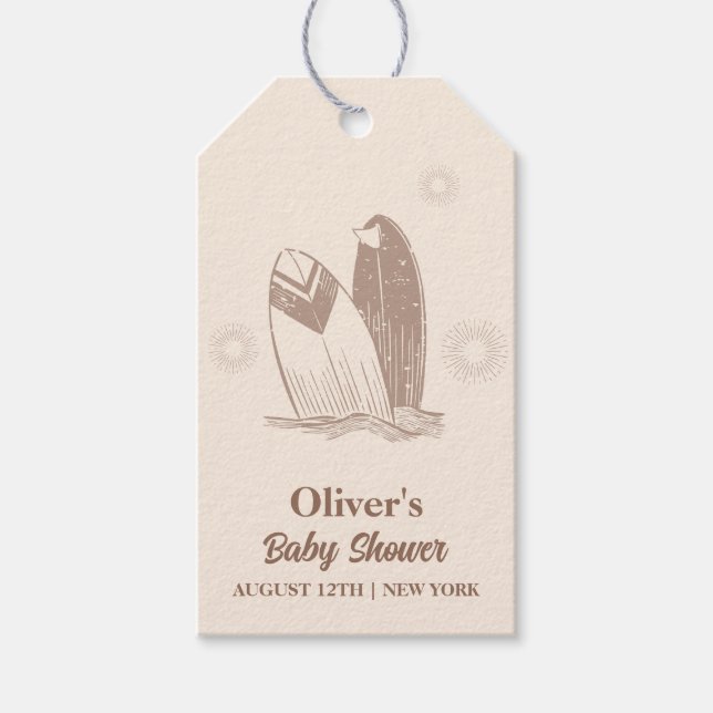 Neutrale Minimalistische Boho Surfboard Babydusche Geschenkanhänger (Vorderseite)